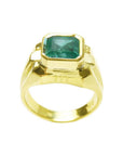 18K yellow gold men's ring with a square emerald cut, medium green Muzo Colombian emerald in a full bezel setting.