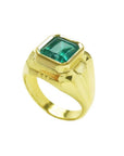 18K yellow gold men's solitaire ring with a square emerald cut, medium green Muzo Colombian emerald in a full bezel setting.