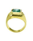 18K yellow gold men's solitaire ring with a square emerald cut Muzo Colombian emerald in a full bezel setting.