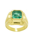 18K yellow gold men's solitaire ring with a square emerald cut, medium green Muzo Colombian emerald in a full bezel setting.