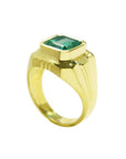 18K yellow gold men's solitaire ring with a square emerald cut, medium green Muzo Colombian emerald in a full bezel setting.
