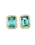 Pair of halo diamond emerald stud earrings, yellow gold, front position full top view