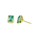 Emerald stud earrings with diamond halo in 14k yellow gold, one front view, one side view.