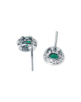 1.06 ct deep bluish-green emerald stud earrings with diamond halo and secure screw backs in 14K white gold.