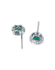 1.06 ct deep bluish-green emerald stud earrings with diamond halo and secure screw backs in 14K white gold.