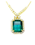 Gift for Mother's Day emerald necklace emerald-cut natural emerald deep green bluish color, encircled by a halo diamond May birthstone.