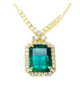 Gift for Mother's Day emerald necklace emerald-cut natural emerald deep green bluish color, encircled by a halo diamond May birthstone.