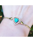 Heart Shaped Bracelet 1.24 ct. real Colombian emerald surrounded by natural sparkling diamonds, handcrafted in 14k yellow gold.