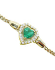 Ladies emerald heart bracelet halo natural diamond, 14k yellow gold with a beautiful real Colombian emerald surrounded by natural sparkling diamonds.