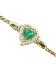 Ladies emerald heart bracelet halo natural diamond, 14k yellow gold with a beautiful real Colombian emerald surrounded by natural sparkling diamonds.