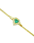 14K yellow gold bracelet with a heart-shaped emerald center surrounded by diamonds.