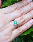Hand wearing a ring with a heart cut emerald against a leafy background.