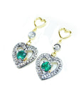 Left position emerald heart earrings yellow gold, top and side view