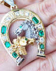 Colombian emerald and Dimond Horsehoe pendant necklace six natural Colombian emeralds and diamonds equestrian jewelry lucky charm
