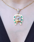 emerald horseshoe necklace pendant six natural Colombian emeralds and diamonds equestrian jewelry lucky charm