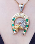 Yellow gold genuine emerald pendant necklace for men six natural Colombian emeralds and diamonds equestrian jewelry lucky charm