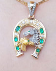 Emerald horseshoe pendant necklace for men six natural Colombian emeralds and diamonds equestrian jewelry lucky charm