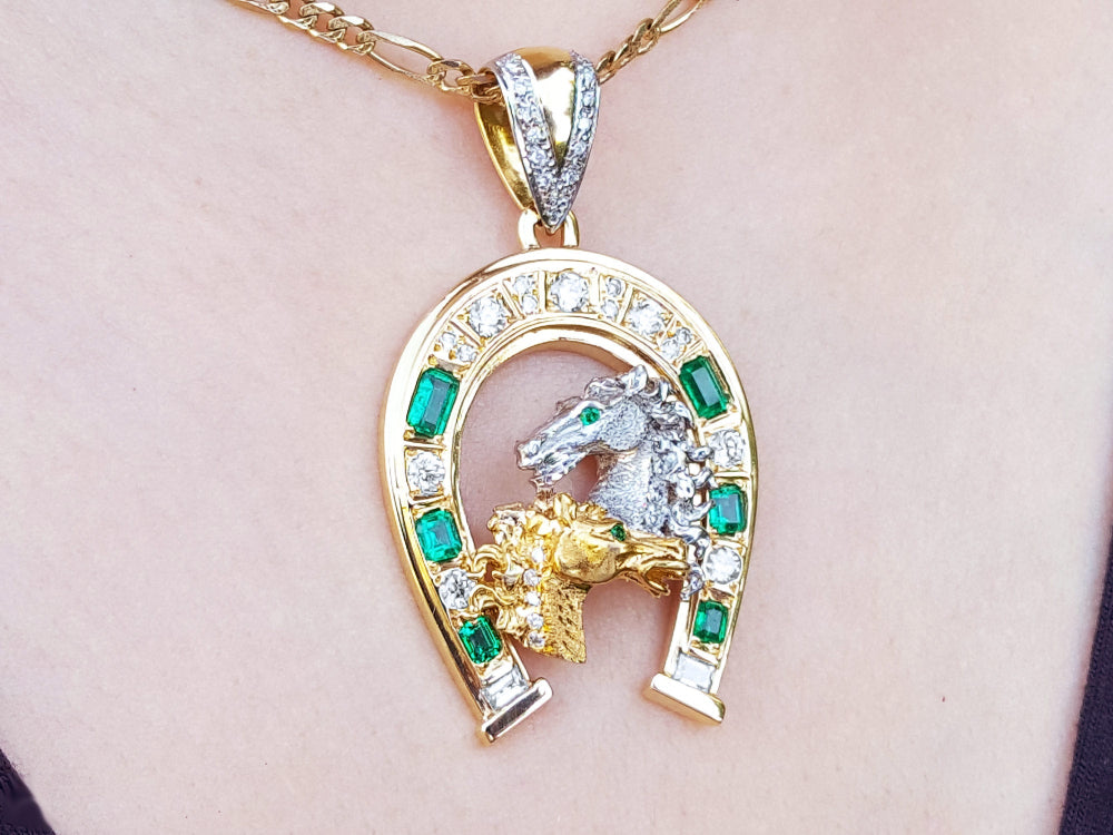 Emerald pendant necklace for men six natural Colombian emeralds and diamonds equestrian jewelry lucky charm