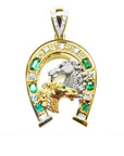 18k yellow gold pendant with horse design and natural colombian emeralds stones and diamonds.