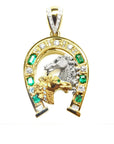 18k yellow gold pendant with horse design and natural colombian emeralds stones and diamonds.