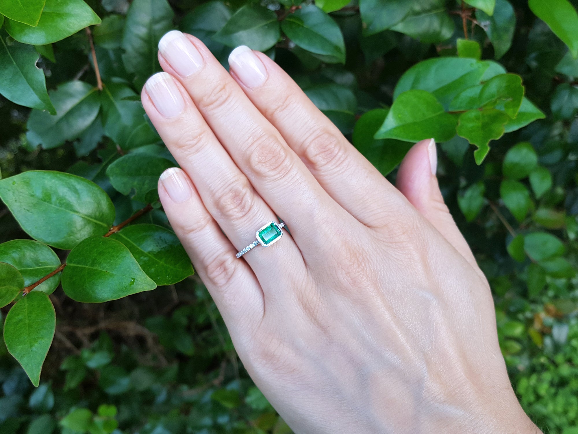 Hand wearing a natural emerald ring against a green leafy background.