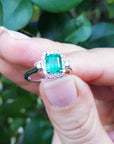 Hand holding an emerald engagement ring with a green gemstone against a green leafy background.