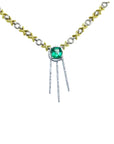 Natural emerald 2.37 ct. kisses and hugs necklace with square emerald, 14K white and yellow gold X & O links, and three dangling diamond-set bars.