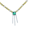 Natural emerald 2.37 ct. kisses and hugs necklace with square emerald, 14K white and yellow gold X & O links, and three dangling diamond-set bars.