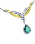 Women's necklace fine emerald jewelry pear cut natural sourced from the Muzo mines crafted in 14k white and yellow gold