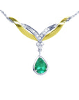 Solitaire emerald dangling necklace 1.88 carats pear cut natural sourced from the Muzo mines crafted in 14k white and yellow gold