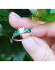 A white gold ring with emeralds held between fingers against a green leafy background.