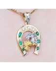 Horse lovers six natural emeralds in horseshoe pendant and natural diamonds crafted in 18k yellow gold lucky jewelry