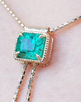 14k Yellow gold Lariat emerald necklaces for sale fine emerald-cut sourced from the Muzo mines in Colombia