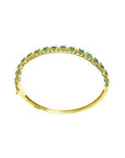 14K gold bangle bracelet with round cut bluish-green emeralds in square links with rope borders.