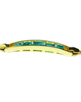14K yellow gold bracelet with five emerald-cut Colombian emeralds in a bar setting.
