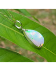 Opal pendant on a gold chain resting on a green leaf.