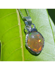 Opal pendant on a silver chain against a green leaf background.