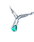 Right side of a 14k white gold emerald necklace natural pear cut sparkling medium green color