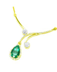18K yellow gold necklace with a pear-shaped Colombian emerald, surrounded by diamonds, and diamond accents.
