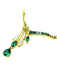 A left side view of a 18" inches 14k yellow gold emerald and diamond necklace pear shaped, marquises and round cuts