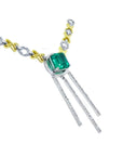 A kisses and hugs links necklace with a square natural colombian Muzo mine emerald gemstone 14k gold.