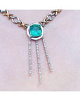 Natural emerald 14K white and yellow gold "X & O" necklace with three diamond bar drops.