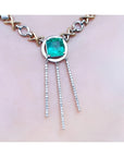 Natural emerald 14K white and yellow gold "X & O" necklace with three diamond bar drops.