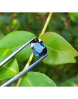 3.04 ct. deep blue greenish oval-cut natural Australian loose sapphire held by tweezers.