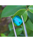 GIA certified untreated 3.98 ct Muzo emerald, vibrant bluish-green, held by tweezers against green leaves.