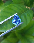 Blue teardrop-shaped blue sapphire gemstone held by tweezers against a green leafy background