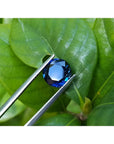2.39 ct. loose round cut natural deep blue sapphire from Sri Lanka, held by tweezers over green leaves.