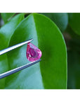 1.09 carat loose natural Burmese ruby, pear shape, sparkling medium red, held by tweezers over green leaves.