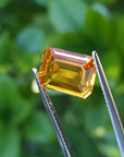 4.05 ct. vibrant intense yellow sapphire gemstone, emerald-cut, held by tweezers against a green background.