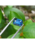 GIA certified natural loose sapphire 3.53 ct. emerald cut, held by tweezers against a green leafy background